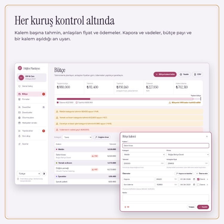 Düğün Planlayıcı – Bütçe, Davetli Listesi, LCV ve Oturma Planı