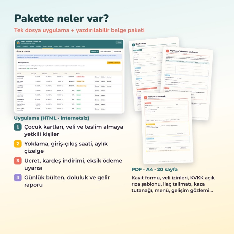 Kreş & Anaokulu Yönetim Kiti | Yoklama, Ücret Takibi, Veli Bülteni, 20 Form