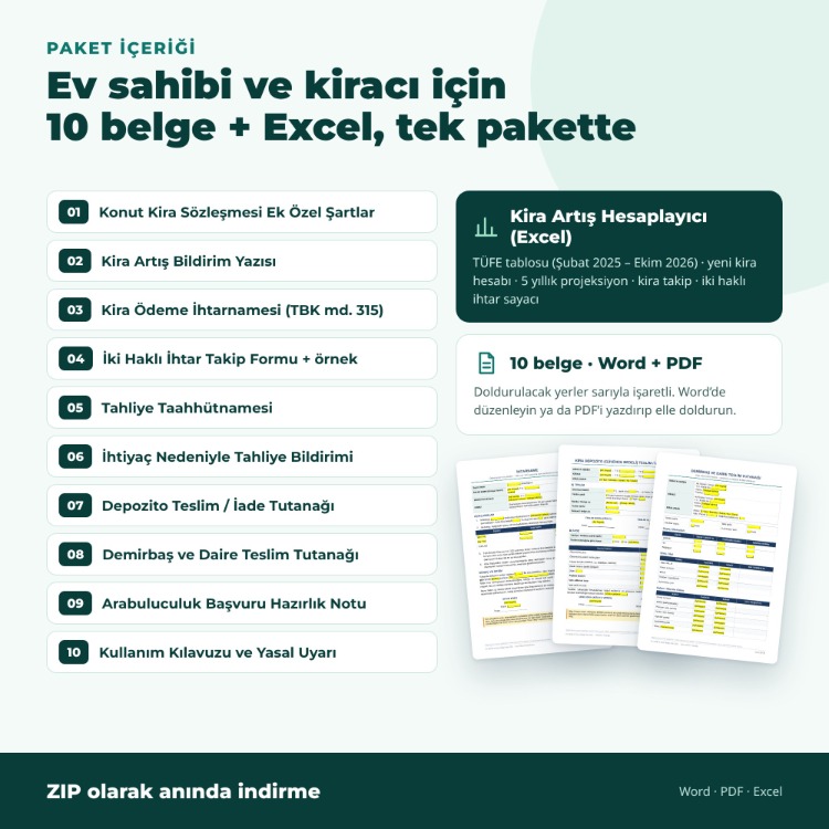 Ev Sahibi & Kiracı Belge Seti 2026 – Kira Artış Hesaplayıcı Excel + 9 Word/PDF Belge
