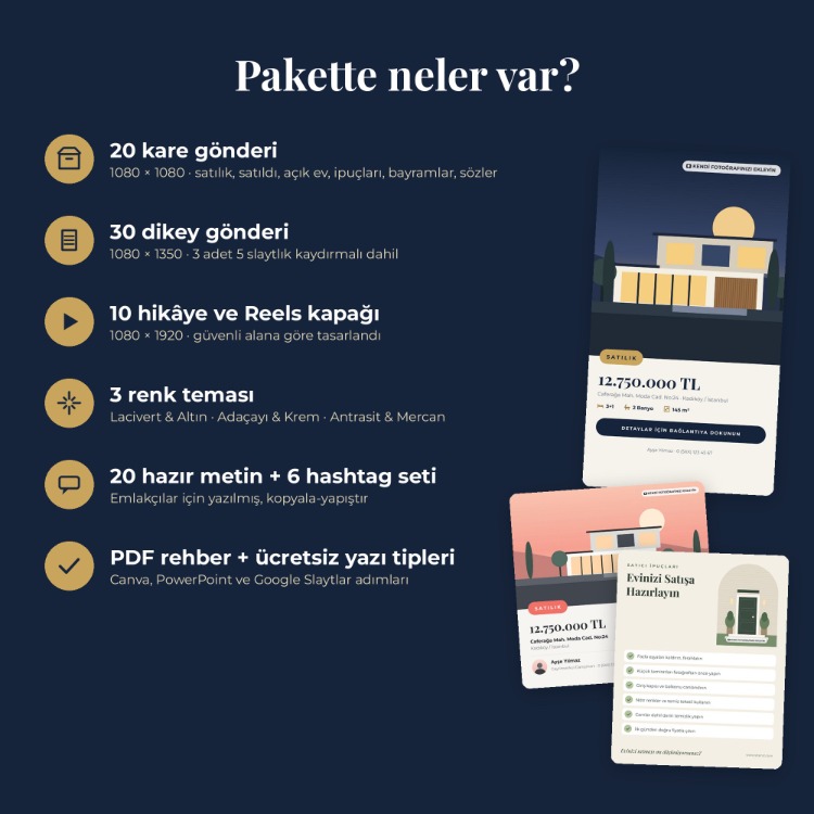Emlakçı Sosyal Medya Şablon Paketi – 60 Düzenlenebilir Instagram Gönderi ve Hikâye