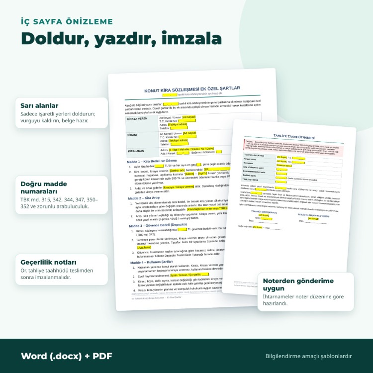 Ev Sahibi & Kiracı Belge Seti 2026 – Kira Artış Hesaplayıcı Excel + 9 Word/PDF Belge
