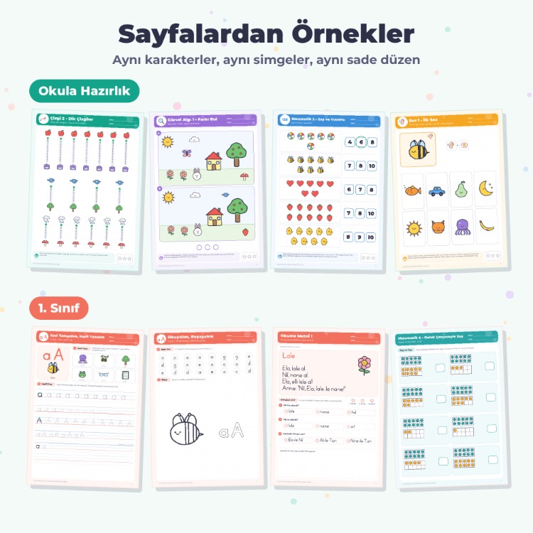 Okula Hazırlık (5–6 Yaş) + 1. Sınıf Okuma Yazma & Matematik İkili Paket (271 s.)