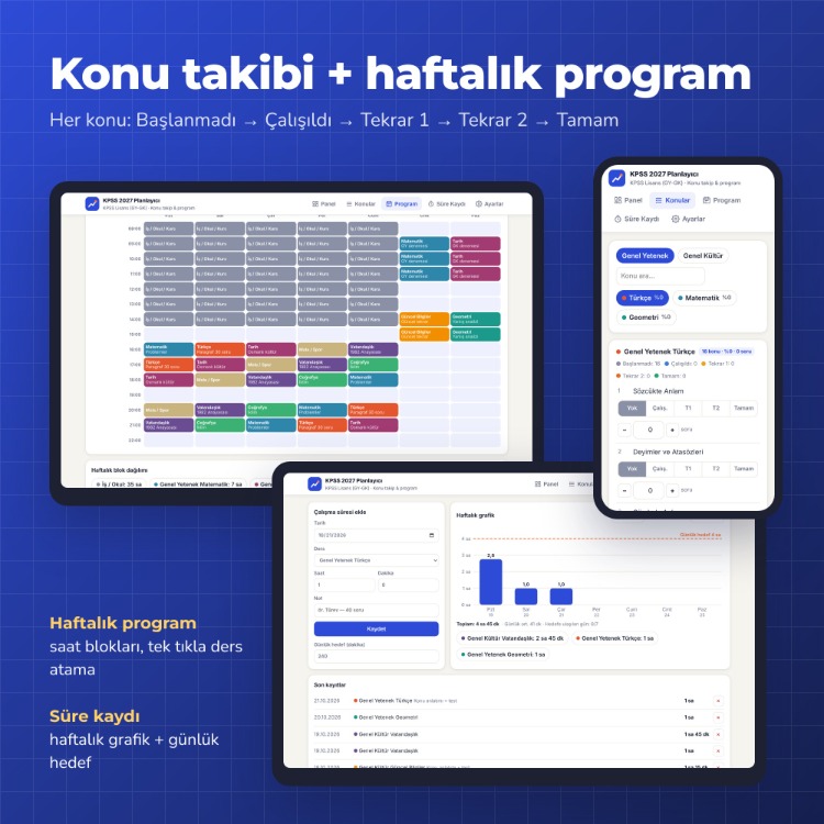 KPSS 2027 Çalışma Planlayıcı & Konu Takip – GY-GK Uygulama + PDF