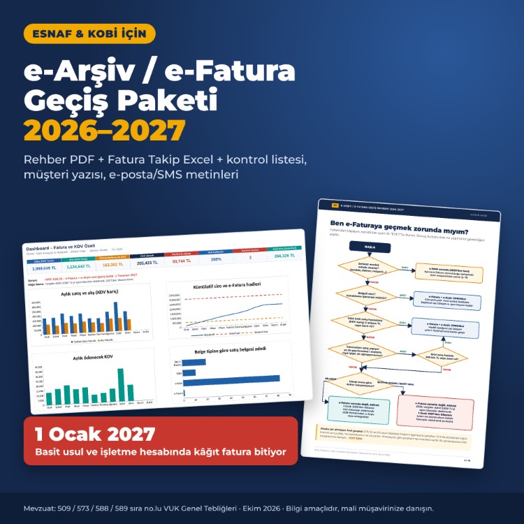 e-Arşiv / e-Fatura Geçiş Paketi 2026–2027 | Esnaf & KOBİ Rehberi + Fatura Takip Excel