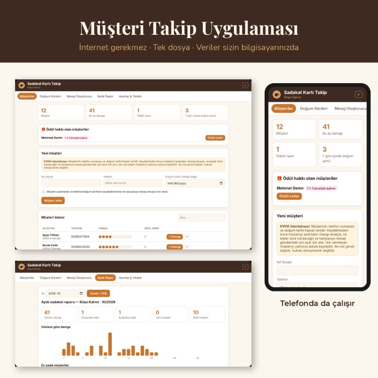 Sadakat Kartı Şablonu 8 Tasarım + Müşteri Takip Uygulaması Kafe Kuaför Berber