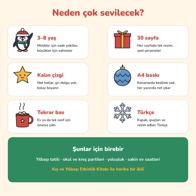 Yılbaşı Boyama Sayfaları – 30 Sayfa (3–8 Yaş) PDF
