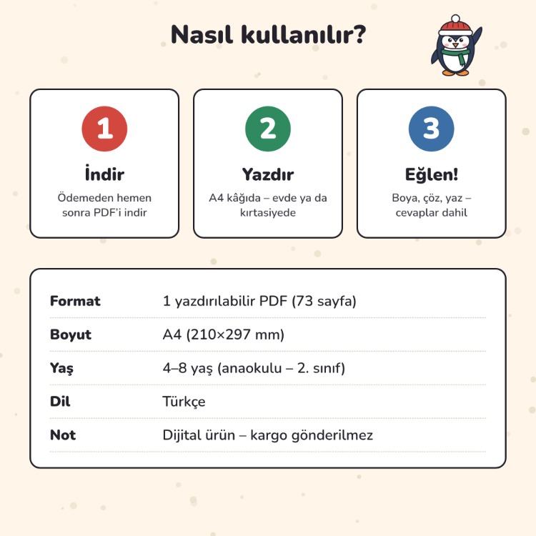 Kış ve Yılbaşı Etkinlik Kitabı – 60 Sayfa (4–8 Yaş)