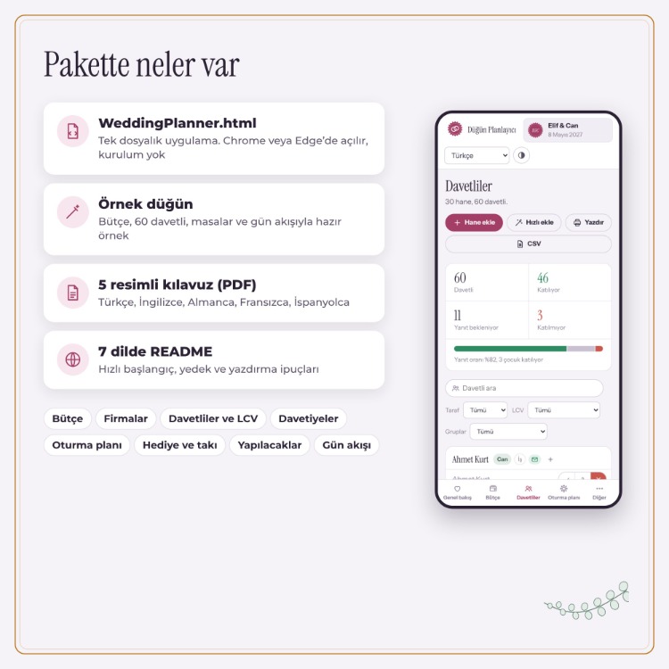 Düğün Planlayıcı – Bütçe, Davetli Listesi, LCV ve Oturma Planı