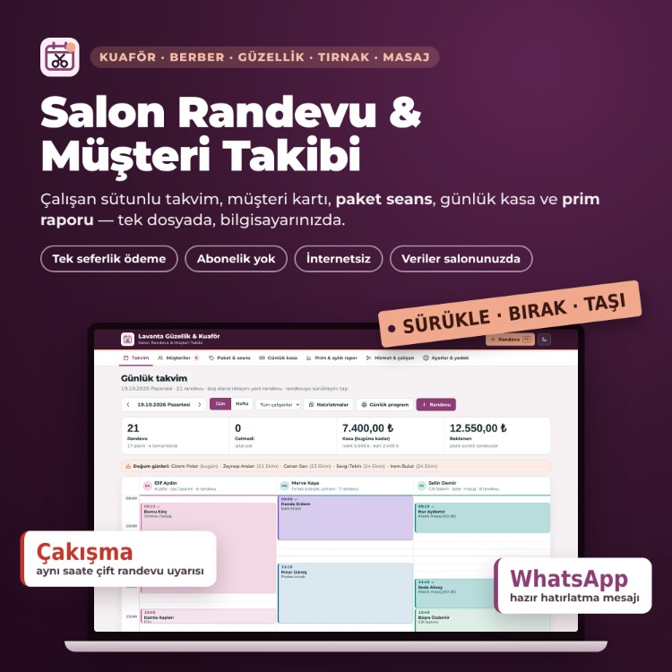 Kuaför & Güzellik Salonu Randevu Programı – Müşteri, Paket, Prim | Abonelik Yok