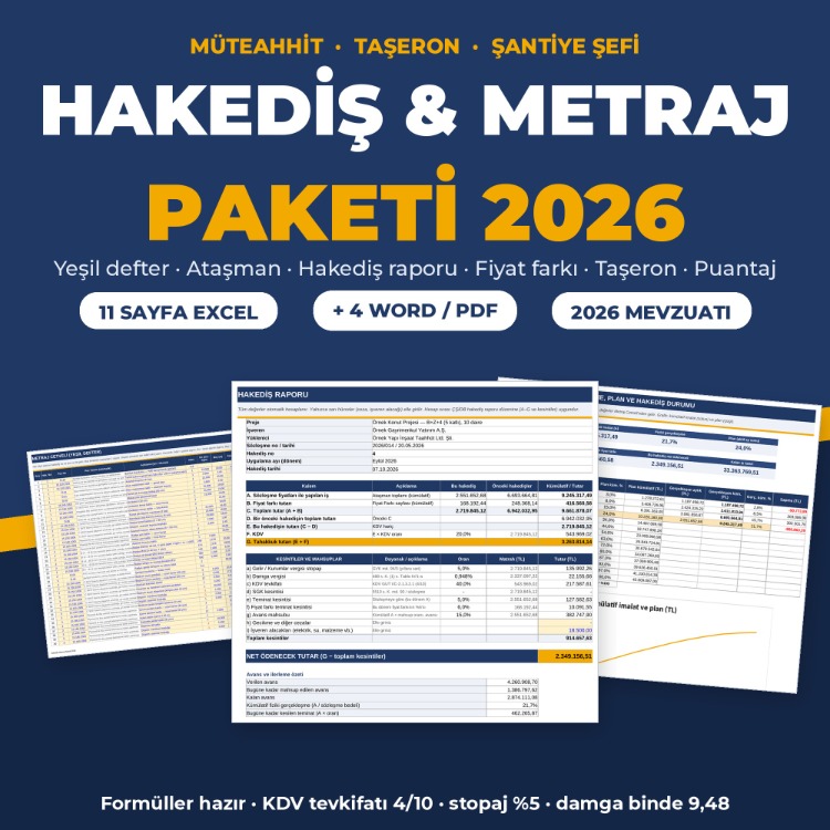 Hakediş ve Metraj Excel Paketi 2026 – Yeşil Defter, Ataşman, Fiyat Farkı, Taşeron