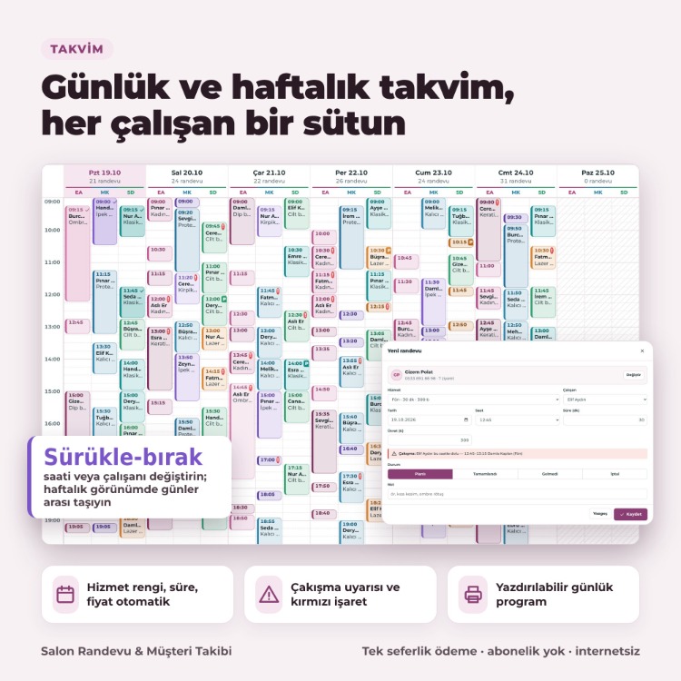 Kuaför & Güzellik Salonu Randevu Programı – Müşteri, Paket, Prim | Abonelik Yok