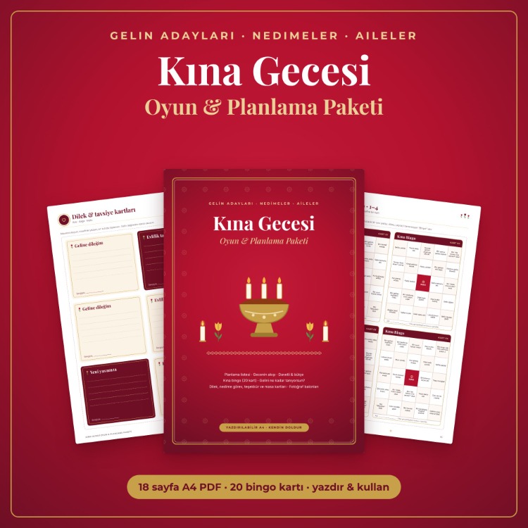 Kına Gecesi Oyun ve Planlama Paketi - Kına Bingo, Davetli, Bütçe, Yazdırılabilir PDF