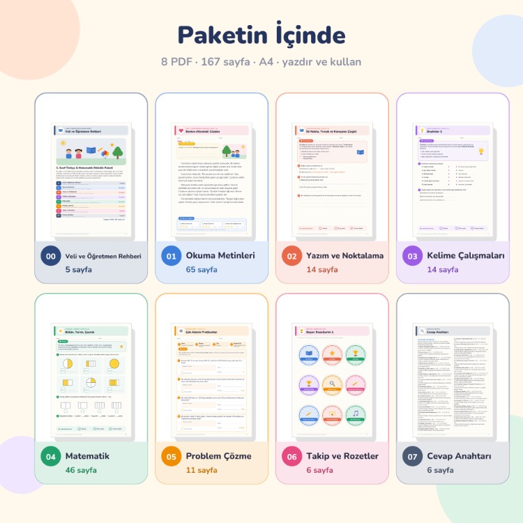 3. Sınıf Türkçe & Matematik Etkinlik Paketi (167 Sayfa PDF)