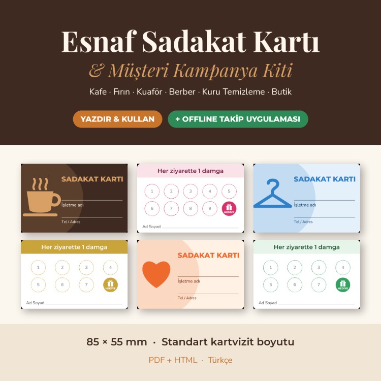 Sadakat Kartı Şablonu 8 Tasarım + Müşteri Takip Uygulaması Kafe Kuaför Berber