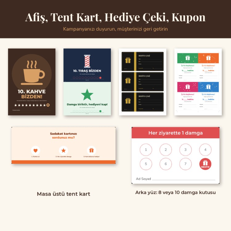Sadakat Kartı Şablonu 8 Tasarım + Müşteri Takip Uygulaması Kafe Kuaför Berber