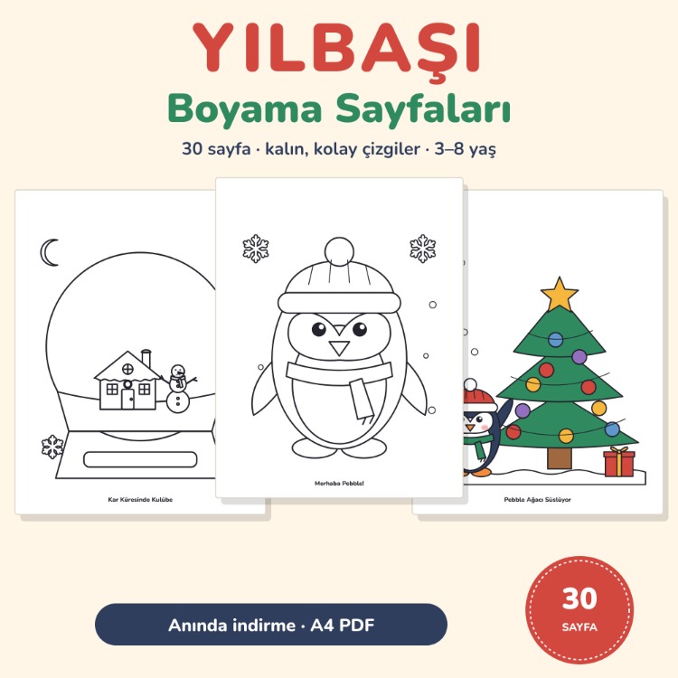 Yılbaşı Boyama Sayfaları – 30 Sayfa (3–8 Yaş) PDF