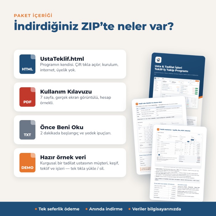 Usta & Tadilat Teklif-İş Takip Programı | Keşif, m² Hesabı, KDV, Tahsilat, Kâr