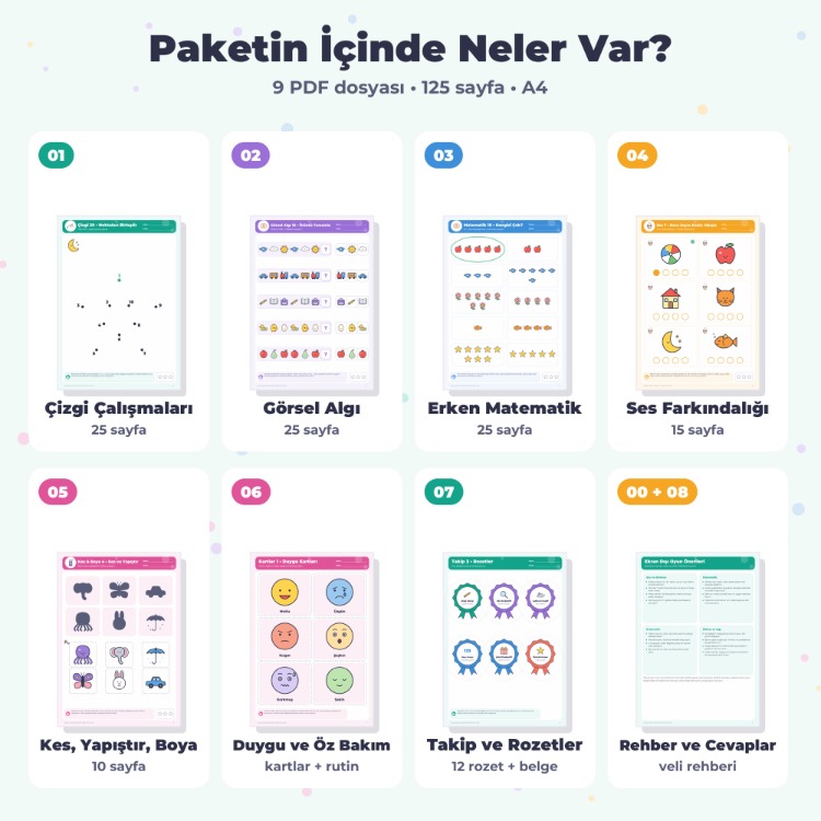 Okula Hazırlık Etkinlik Paketi 5–6 Yaş – Çizgi, Görsel Algı, Erken Matematik (125 s.)