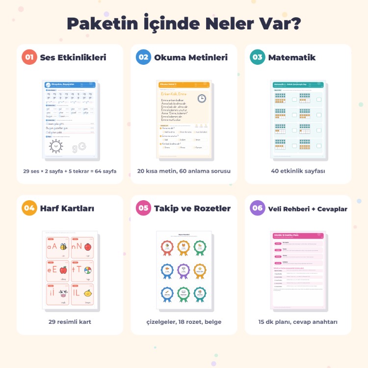 1. Sınıf Okuma Yazma & Matematik Etkinlik Paketi – Yeni Ses Sırası – 146 Sayfa PDF