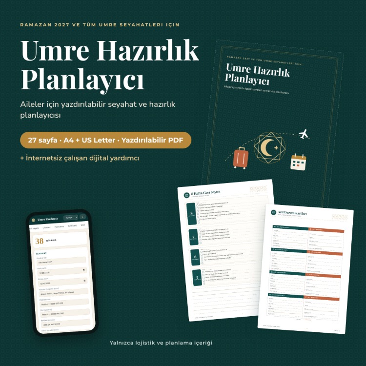 Umre Hazırlık Planlayıcı | 27 Sayfa PDF + Offline Yardımcı | Bagaj, Belge, Harcama
