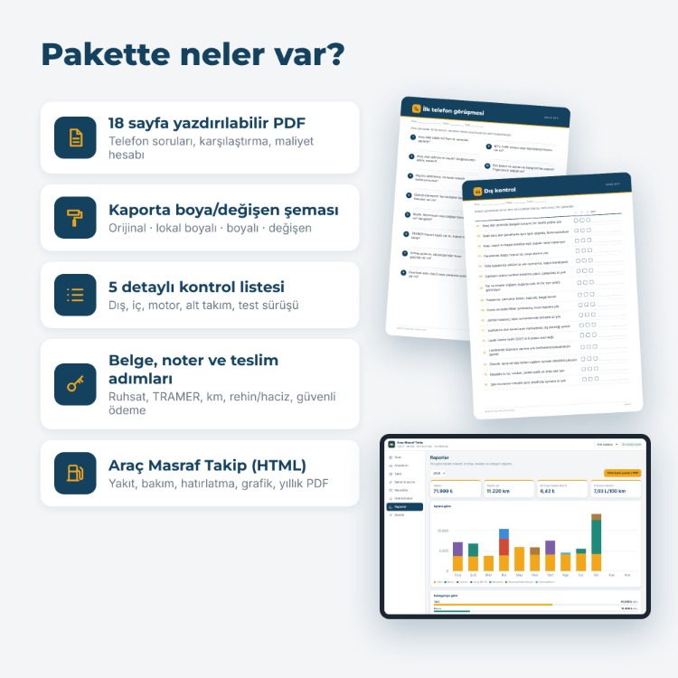 İkinci El Araç Alım Kontrol Kiti + Araç Masraf Takip Uygulaması (PDF)