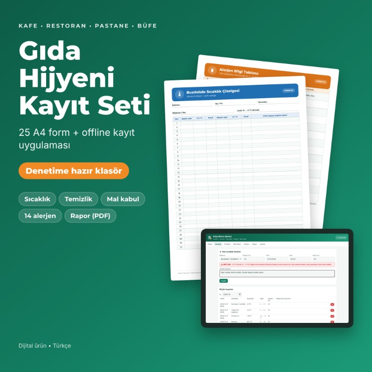 Gıda Hijyeni Kayıt Seti | Kafe Restoran 25 Form + Offline Uygulama