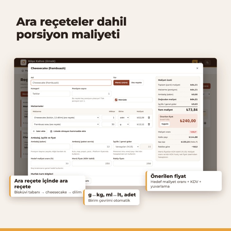 Reçete Maliyet ve Menü Fiyatlama Programı – Kafe, Restoran, Pastane