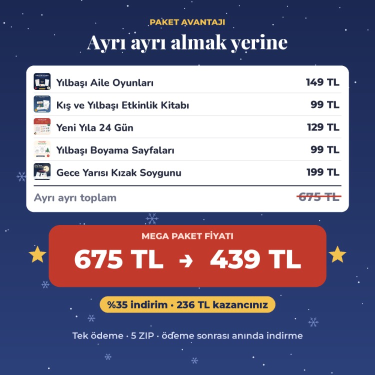 Yılbaşı Mega Paketi – 5 ürün bir arada, 229 sayfa oyun ve etkinlik PDF
