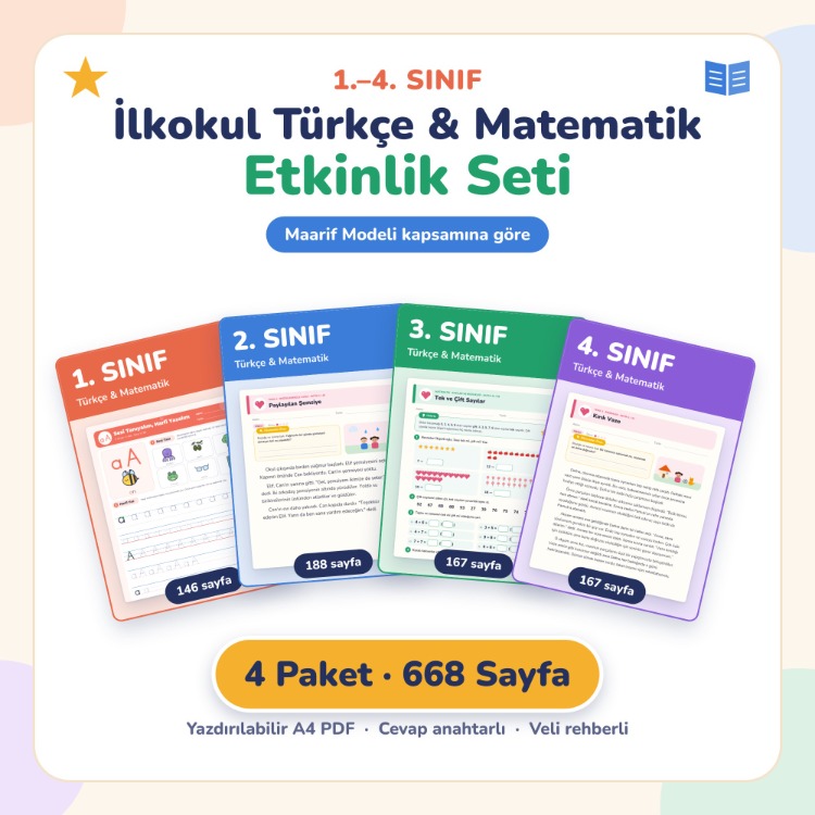 1-4. Sınıf Türkçe & Matematik Etkinlik Seti – 4 Paket, 668 Sayfa PDF