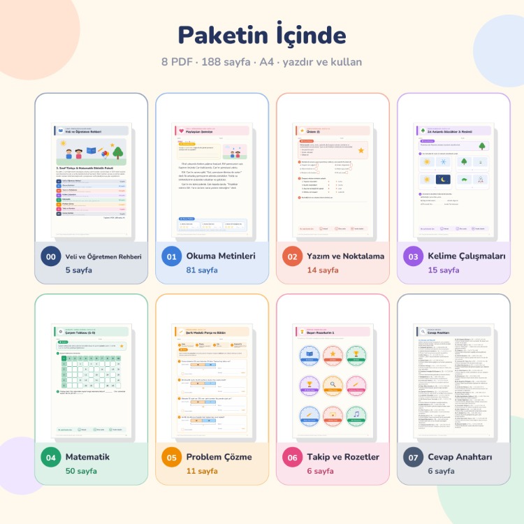 2. Sınıf Türkçe & Matematik Etkinlik Paketi (188 Sayfa PDF)