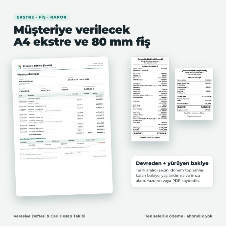 Veresiye Defteri Programı – Cari Hesap, Tahsilat, Vade Takibi | Abonelik Yok