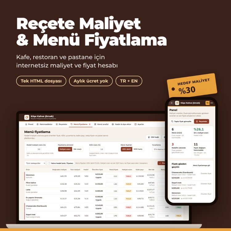 Reçete Maliyet ve Menü Fiyatlama Programı – Kafe, Restoran, Pastane