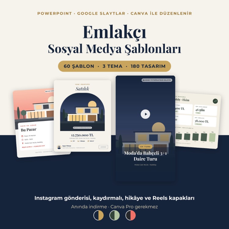 Emlakçı Sosyal Medya Şablon Paketi – 60 Düzenlenebilir Instagram Gönderi ve Hikâye