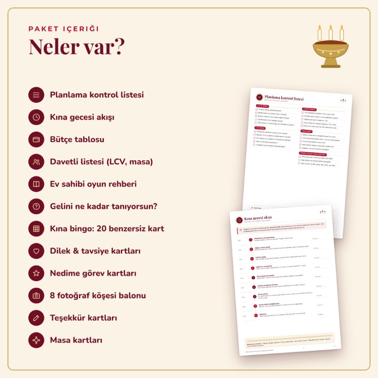Kına Gecesi Oyun ve Planlama Paketi - Kına Bingo, Davetli, Bütçe, Yazdırılabilir PDF