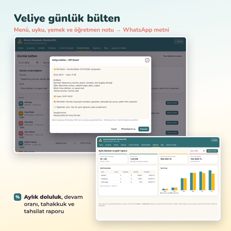 Kreş & Anaokulu Yönetim Kiti | Yoklama, Ücret Takibi, Veli Bülteni, 20 Form