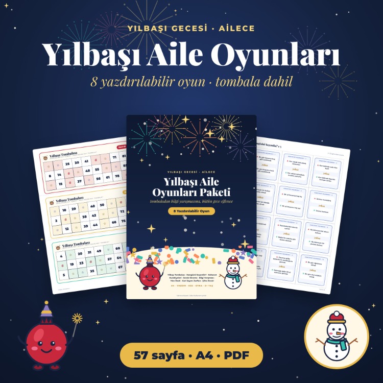 Yılbaşı Aile Oyunları – Tombala, Bilgi Yarışması, 8 Yazdırılabilir Oyun PDF