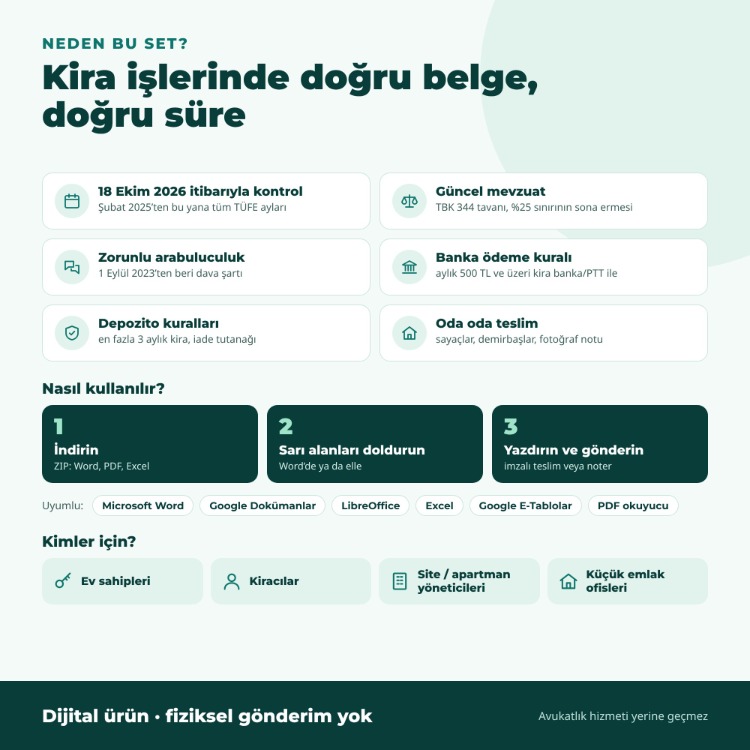 Ev Sahibi & Kiracı Belge Seti 2026 – Kira Artış Hesaplayıcı Excel + 9 Word/PDF Belge