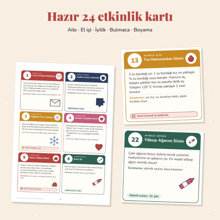 Yeni Yıla 24 Gün – Çocuklar İçin Aktivite Takvimi (Yazdırılabilir)
