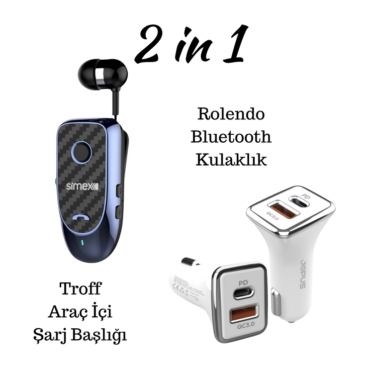Simex Rolendo Bluetooth Kulaklik & Jopus Troff Usb / Pd Araç Şarj Başlığı 20w 2 li Set