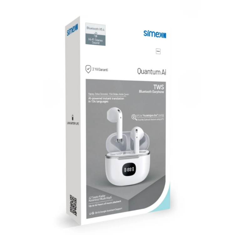 Simex Quantum AI TWS Bluetooth Kulaklık, 42 Saat Pil, Yapay Zeka Destekli 134 Dil Çeviri