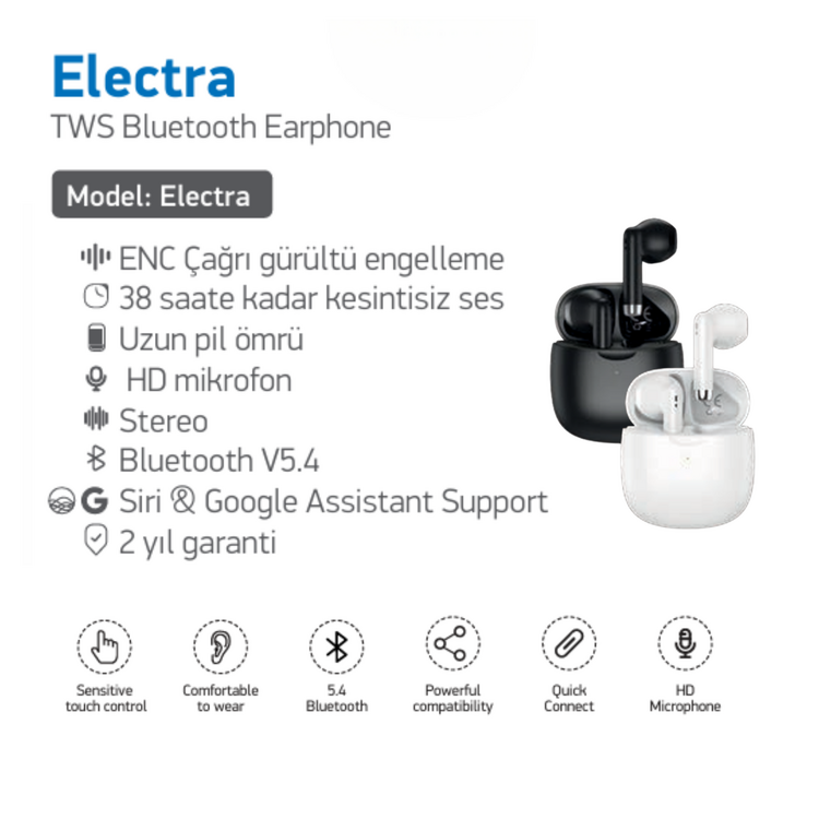 Simex Electra TWS Bluetooth Kulaklık ENC/38 saat ses/HD mic./Siri&Google Assistant Support