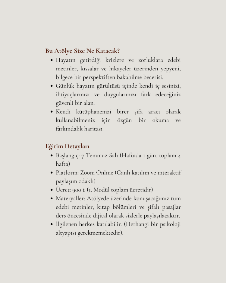 Bibliyoterapi ve Öyküsel Şifa Eğitim Programı - Temmuz Ayı