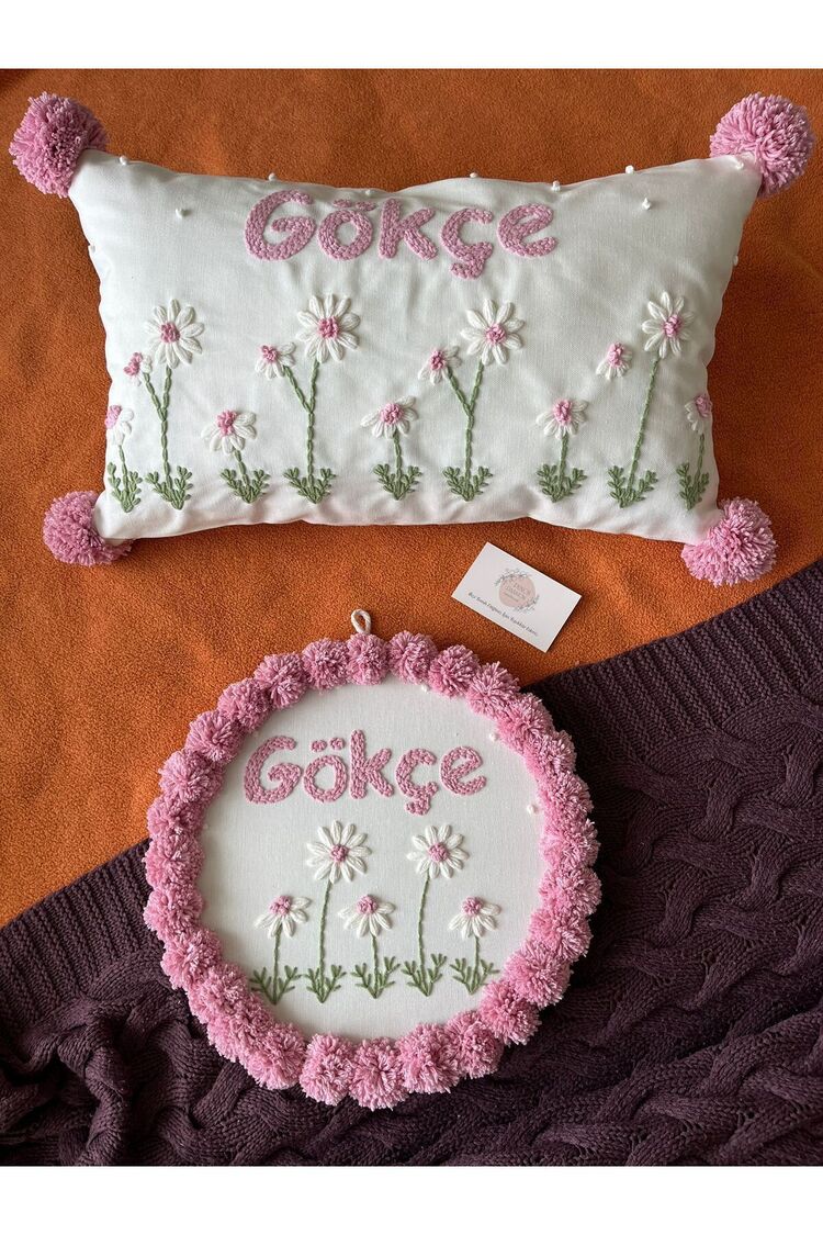 Işlemeli Isimli Kapı Süsü Ve Takı Yastığı Takımı,bebek Hediyelik (İÇ DOLGUSUZ)