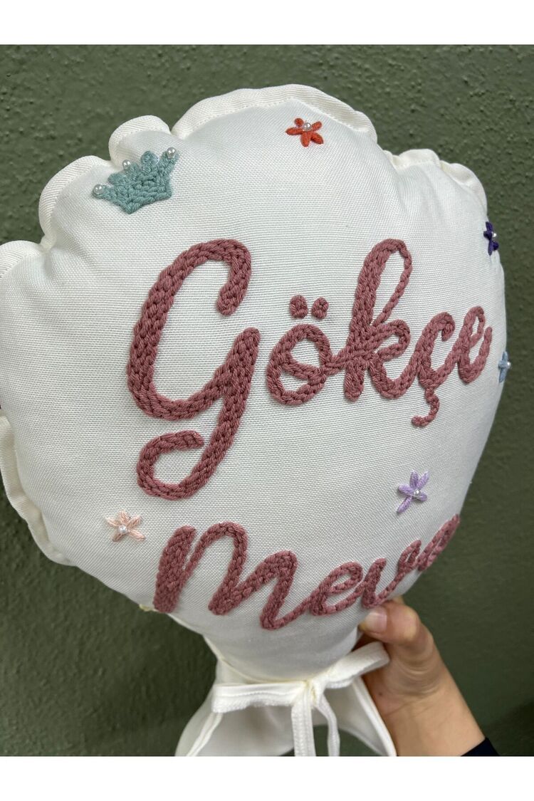 Bebek Dekoratif Kırlent/İsimli Bebek Takı Yastığı Dekoratif Yastık Punch Nakışlı-İç Dolgulu-Balon Tp