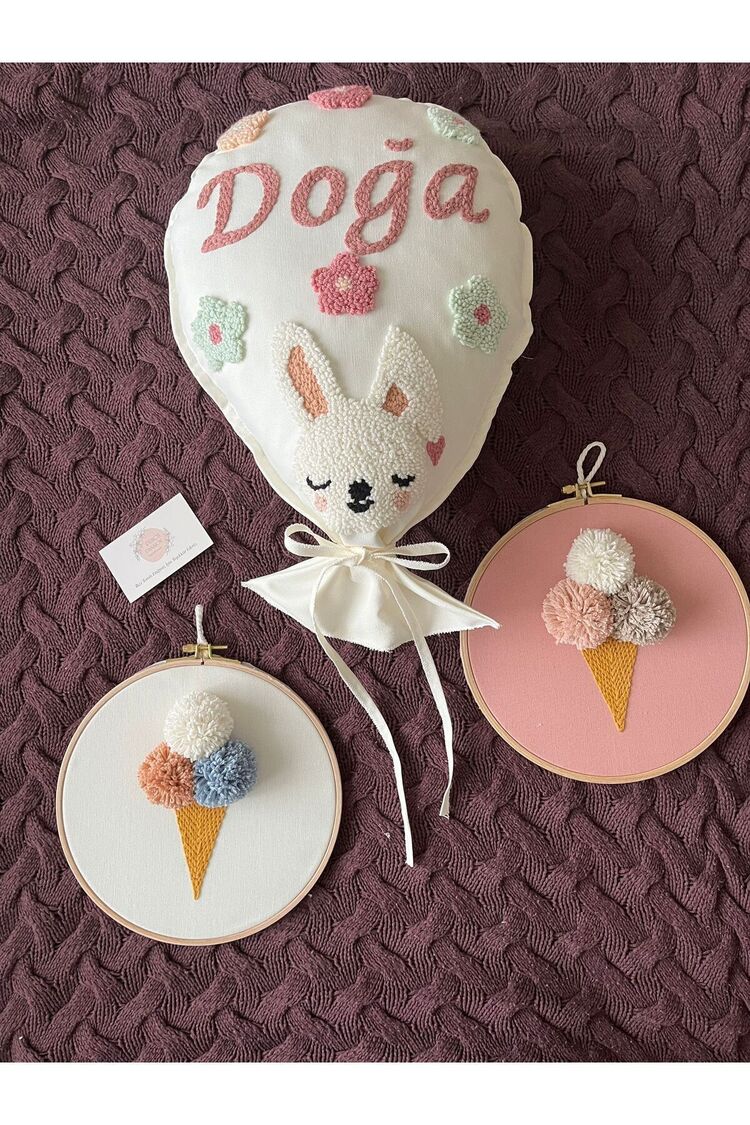 İşlemeli Isimli Kapı Süsü Ve Takı Yastığı Takımı, Bebek Hediyelik (iç Dolgulu )