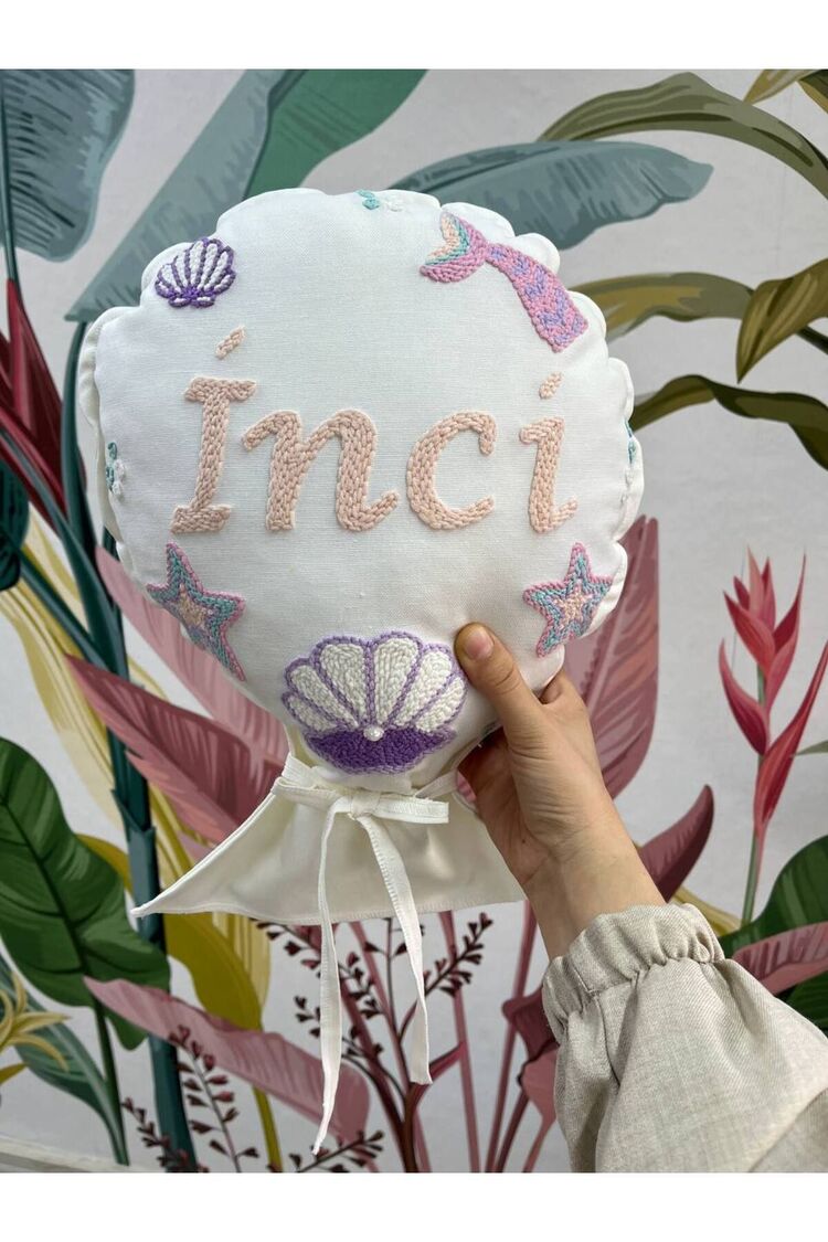 Bebek Dekoratif Kırlent/İsimli Bebek Takı Yastığı Dekoratif Yastık Punch Nakışlı-İç Dolgulu-Balon Tp