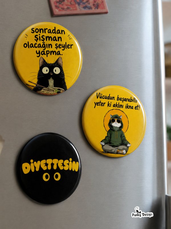 3’lü Diyet Temalı Kedi Buzdolabı Magnet Seti 58 mm Motivasyon Yazılı Dekoratif Magnet