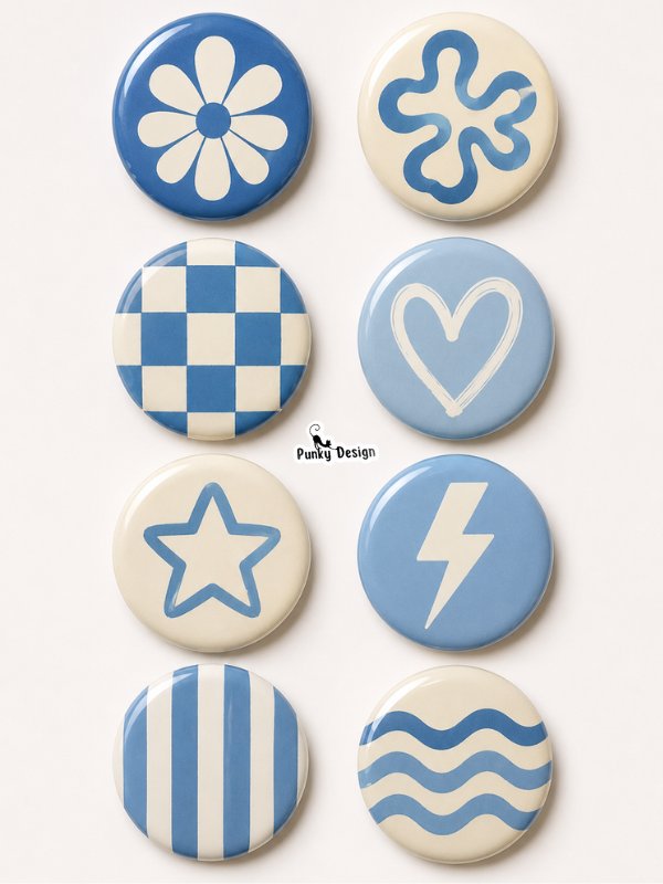 8 li Set-7 Mavi Beyaz Rozet Seti Çiçek Kalp Yıldız Dama Dalga Desenli Broş Pin