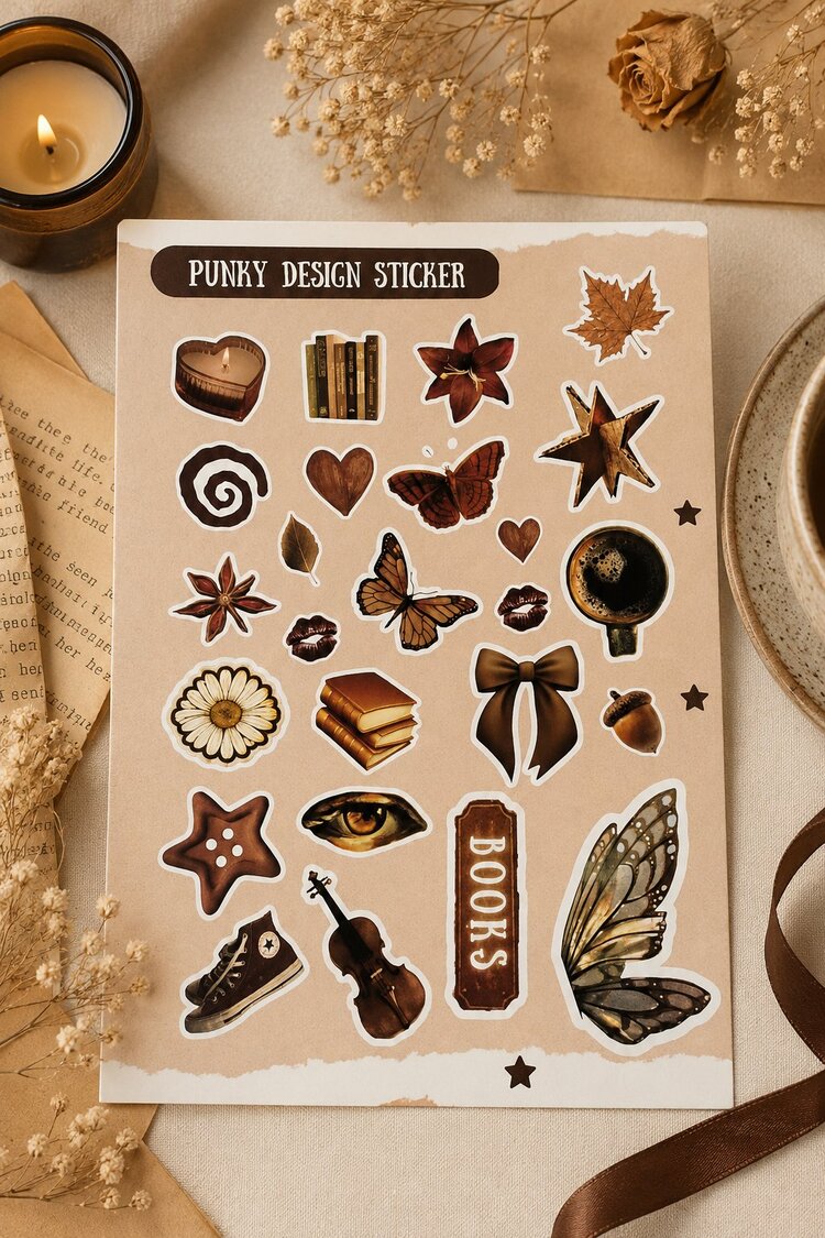 Kahverengi Sticker Seti Vintage Ayıcık Kitap Kahve Çiçek Estetik Etiket-4 sayfa-90 Adet-Kalın Kuşe K