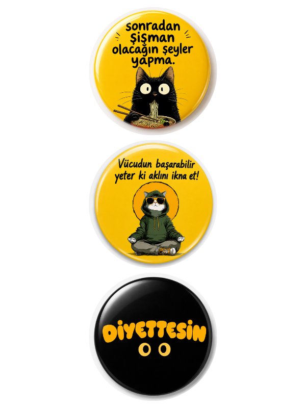 3’lü Diyet Temalı Kedi Buzdolabı Magnet Seti 58 mm Motivasyon Yazılı Dekoratif Magnet